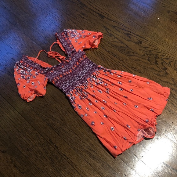 Free People Orange Floral Stretch Boho Bohemian Whimsical Flowy Romper - Picture 3 of 7